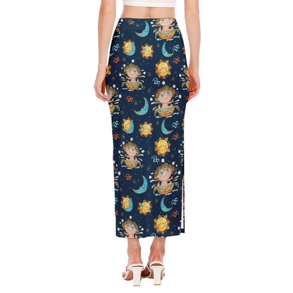 Cute Cartoon Aquarius Pattern Print Side Slit Maxi Skirt