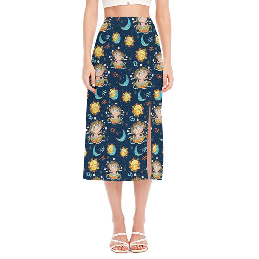Cute Cartoon Aquarius Pattern Print Side Slit Midi Skirt