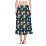 Cute Cartoon Aquarius Pattern Print Side Slit Midi Skirt