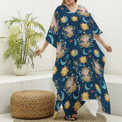Cute Cartoon Aquarius Pattern Print Silk V-Neck Kaftan Dress