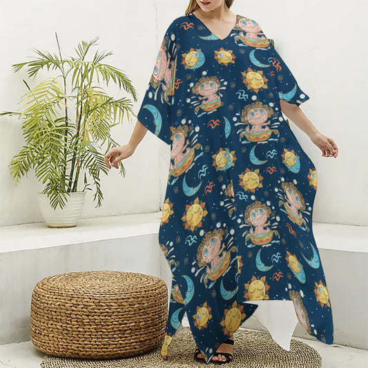 Cute Cartoon Aquarius Pattern Print Silk V-Neck Kaftan Dress
