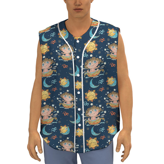 Cute Cartoon Aquarius Pattern Print Sleeveless Baseball Jersey