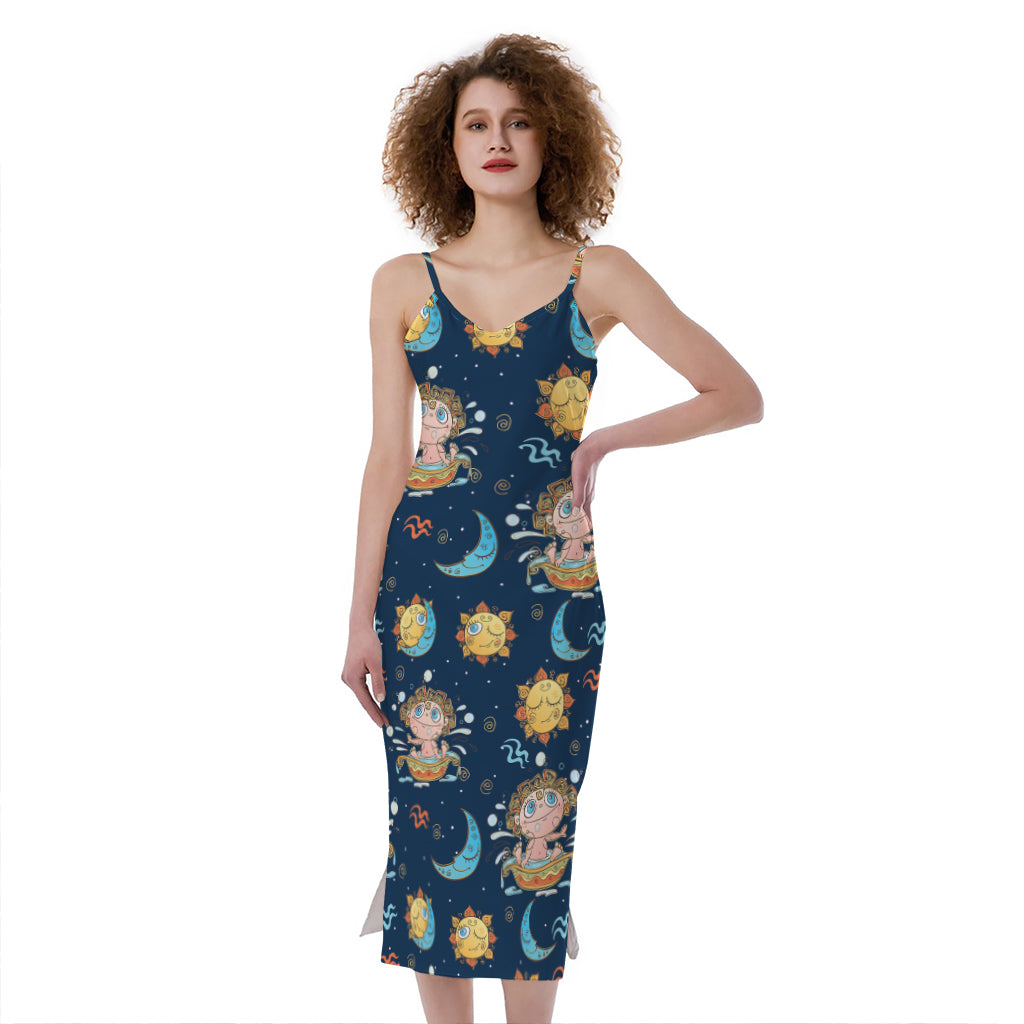 Cute Cartoon Aquarius Pattern Print Slim Fit Midi Cami Dress