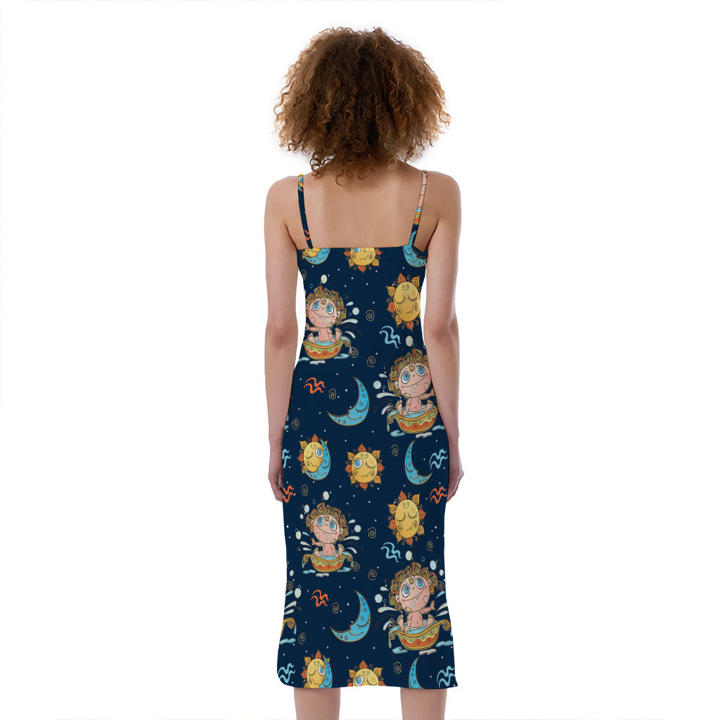 Cute Cartoon Aquarius Pattern Print Slim Fit Midi Cami Dress
