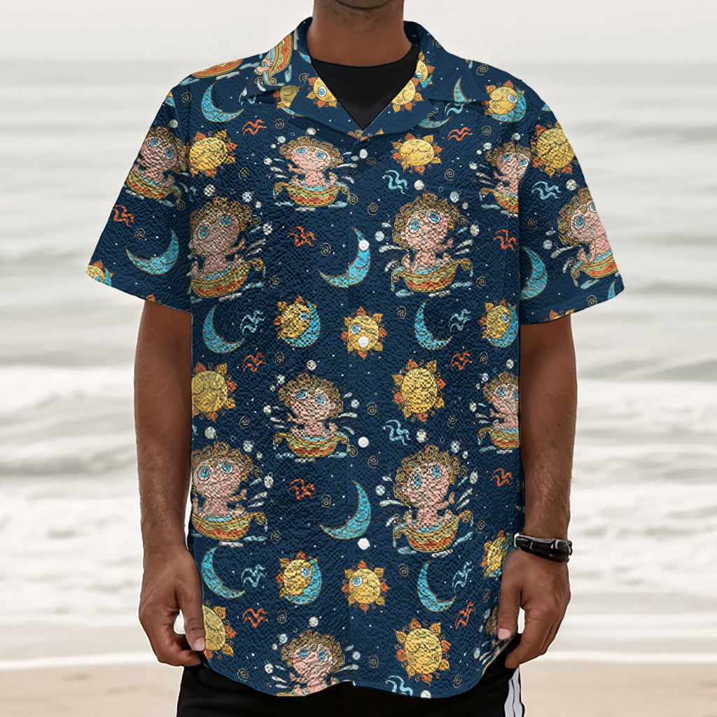 Cute Cartoon Aquarius Pattern Print Textured Short Sleeve Shirt