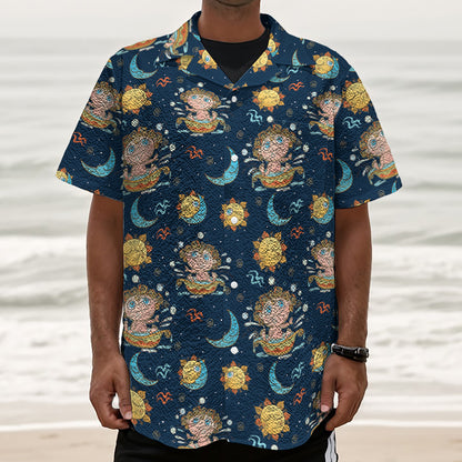 Cute Cartoon Aquarius Pattern Print Textured Short Sleeve Shirt