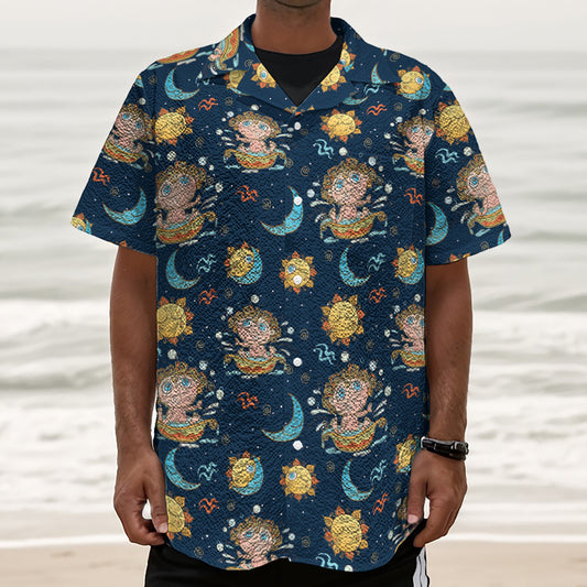 Cute Cartoon Aquarius Pattern Print Textured Short Sleeve Shirt