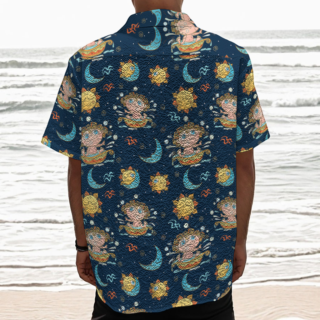Cute Cartoon Aquarius Pattern Print Textured Short Sleeve Shirt