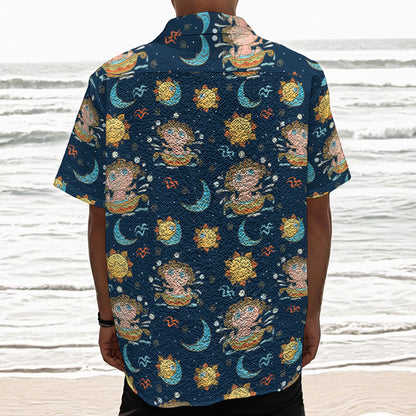 Cute Cartoon Aquarius Pattern Print Textured Short Sleeve Shirt