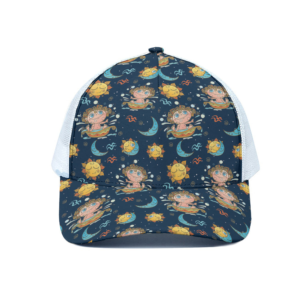 Cute Cartoon Aquarius Pattern Print White Mesh Trucker Cap
