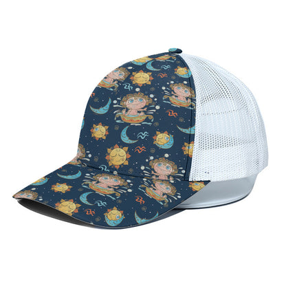Cute Cartoon Aquarius Pattern Print White Mesh Trucker Cap
