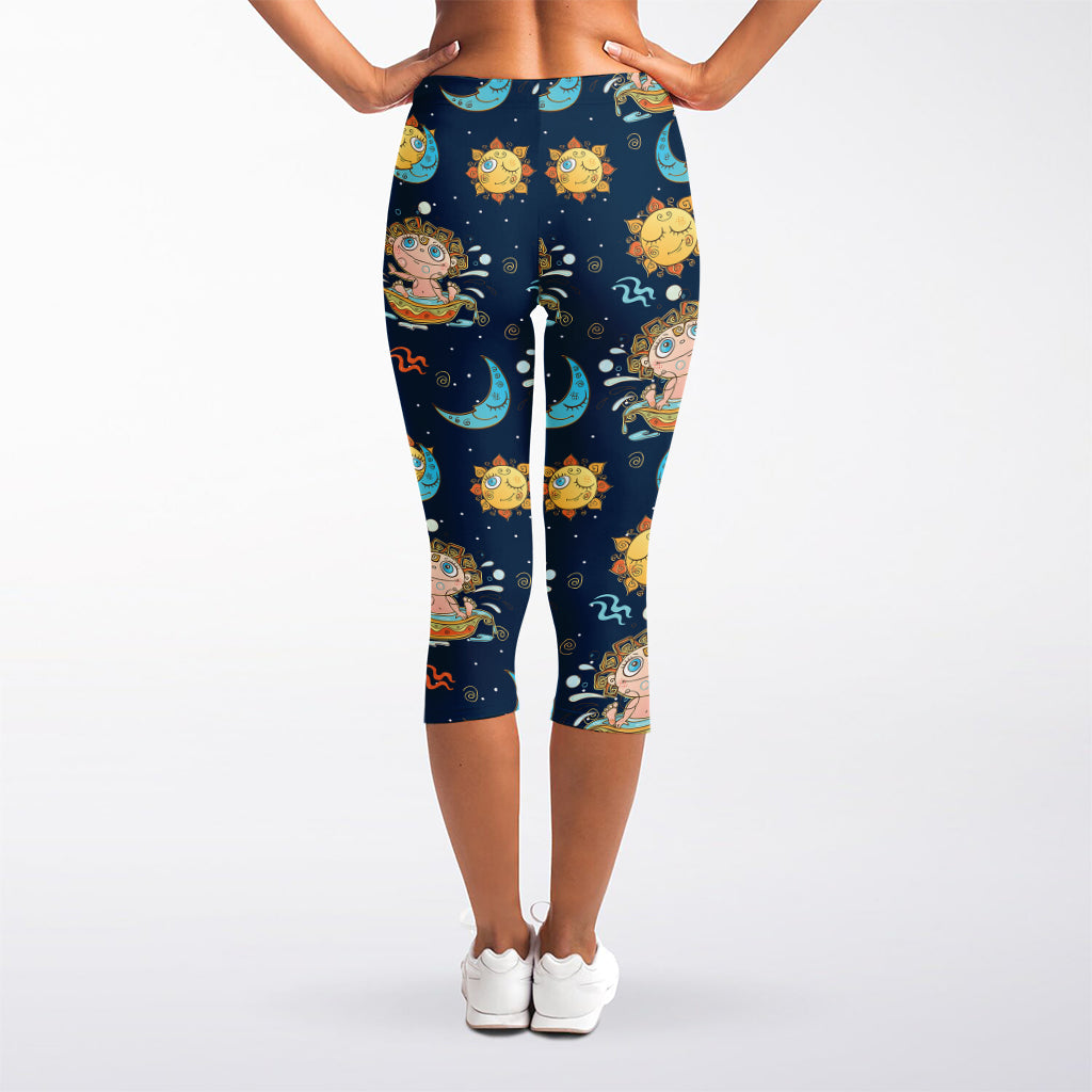 Cute Cartoon Aquarius Pattern Print Women's Capri Leggings