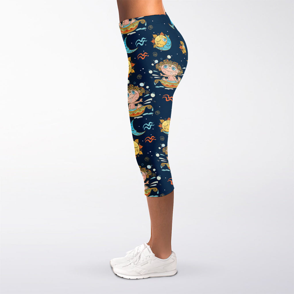 Cute Cartoon Aquarius Pattern Print Women's Capri Leggings