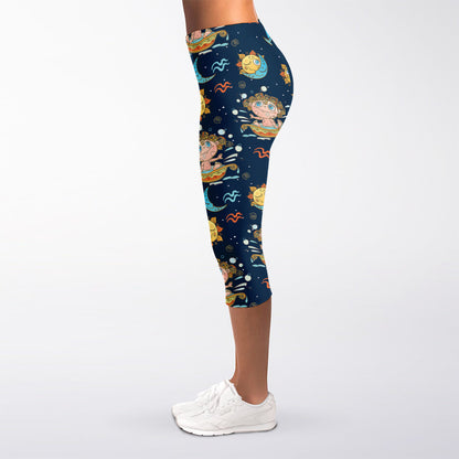 Cute Cartoon Aquarius Pattern Print Women's Capri Leggings