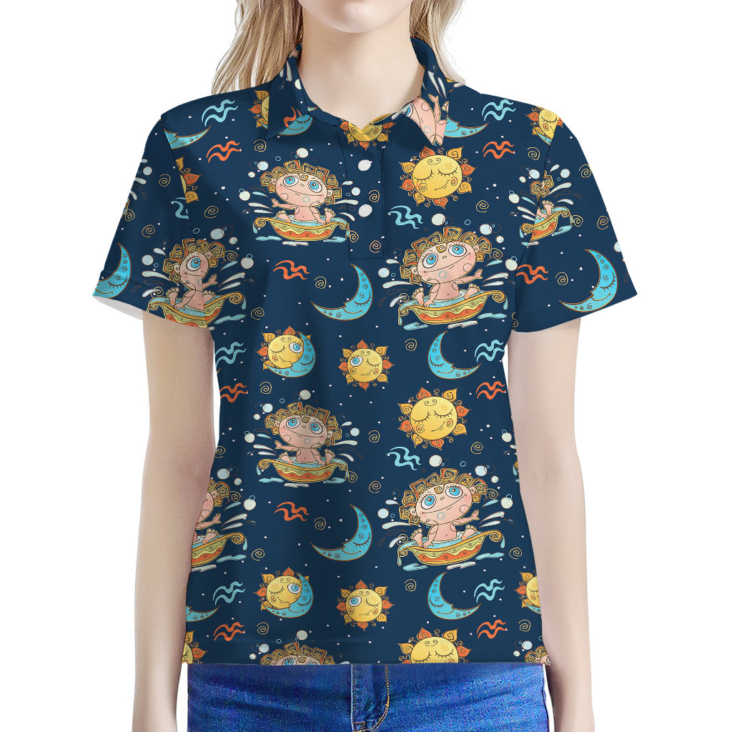 Cute Cartoon Aquarius Pattern Print Women's Polo Shirt