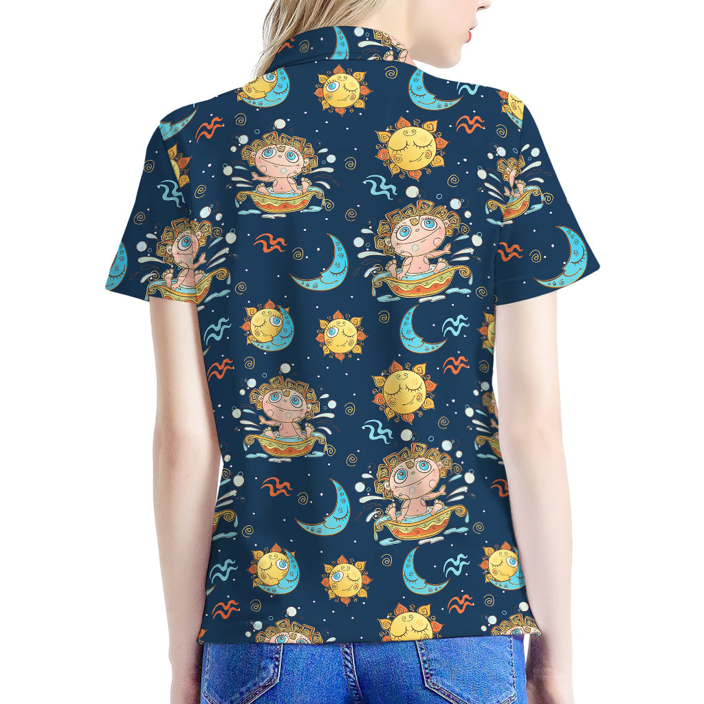 Cute Cartoon Aquarius Pattern Print Women's Polo Shirt