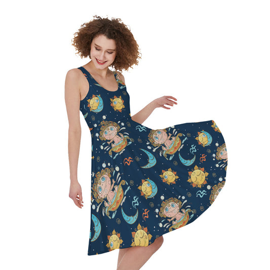Cute Cartoon Aquarius Pattern Print Women's Sleeveless Dress