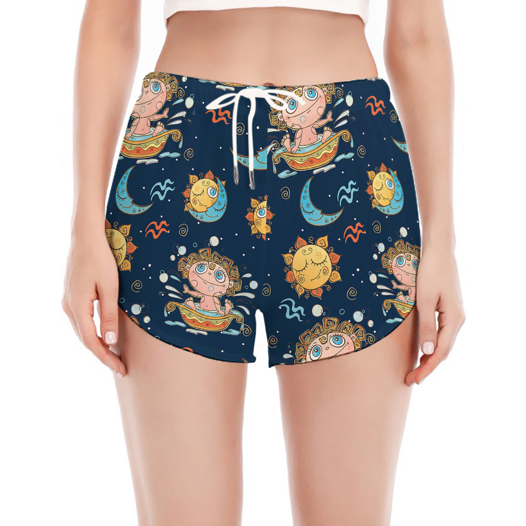 Cute Cartoon Aquarius Pattern Print Women's Split Running Shorts