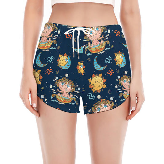 Cute Cartoon Aquarius Pattern Print Women's Split Running Shorts