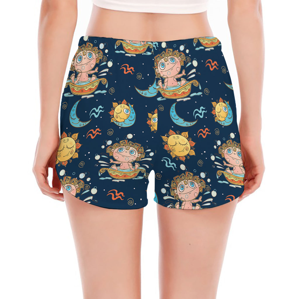 Cute Cartoon Aquarius Pattern Print Women's Split Running Shorts