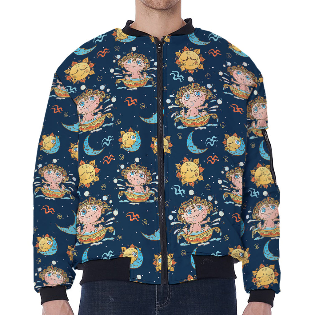 Cute Cartoon Aquarius Pattern Print Zip Sleeve Bomber Jacket