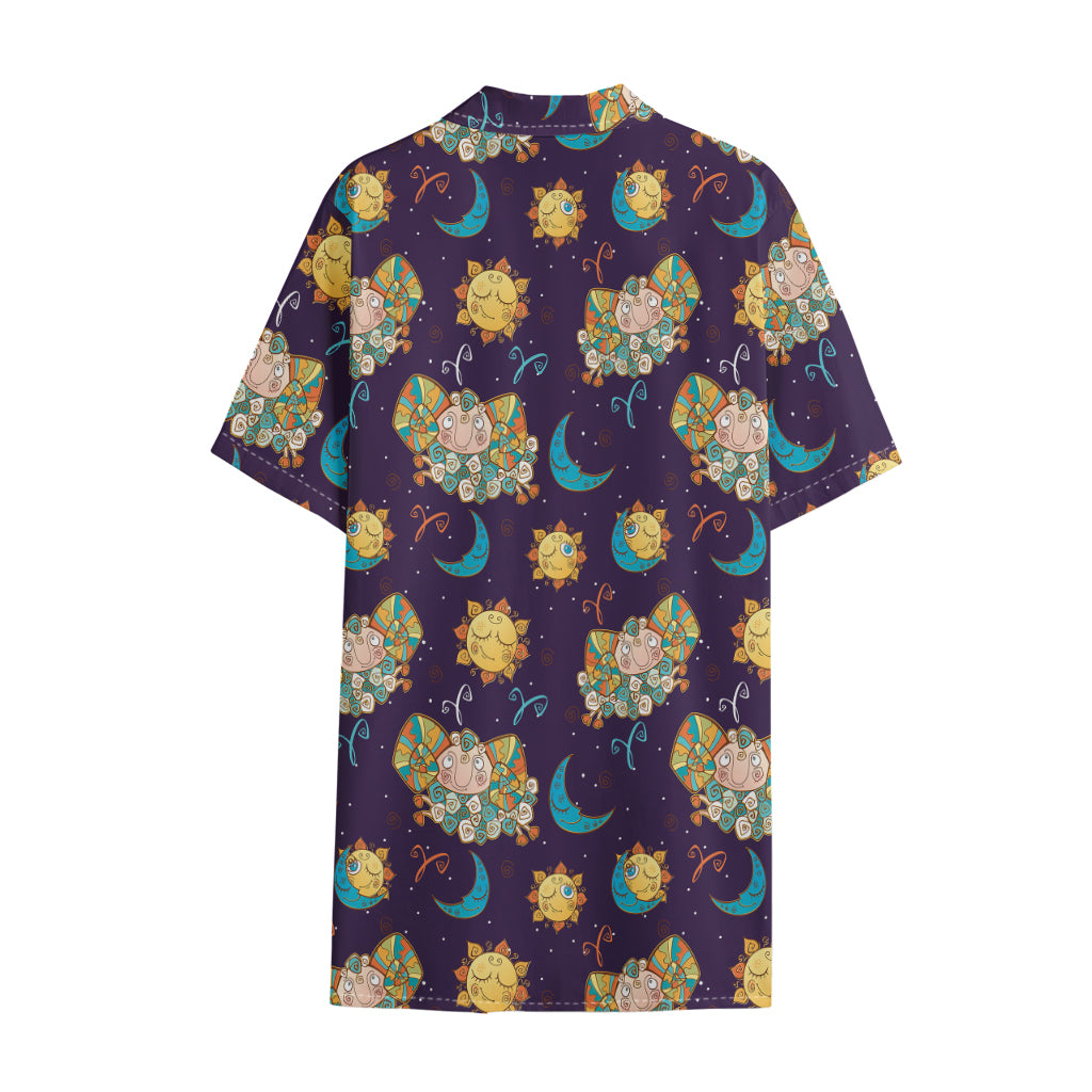 Cute Cartoon Aries Pattern Print Cotton Hawaiian Shirt