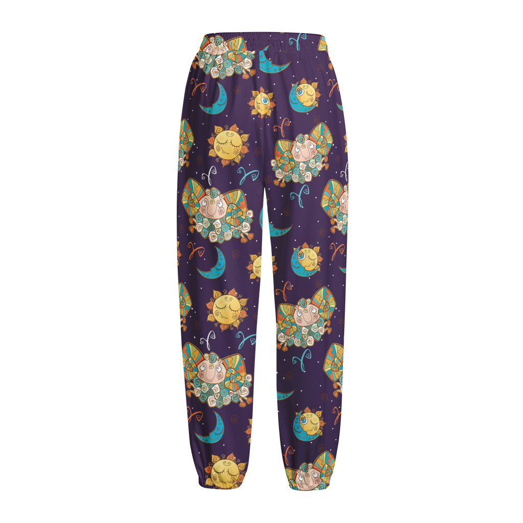 Cute Cartoon Aries Pattern Print Fleece Lined Knit Pants