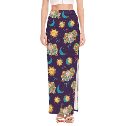 Cute Cartoon Aries Pattern Print High Slit Maxi Skirt