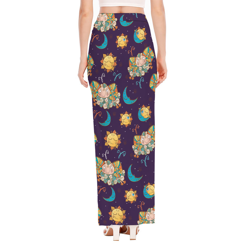 Cute Cartoon Aries Pattern Print High Slit Maxi Skirt