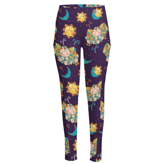 Cute Cartoon Aries Pattern Print High-Waisted Pocket Leggings