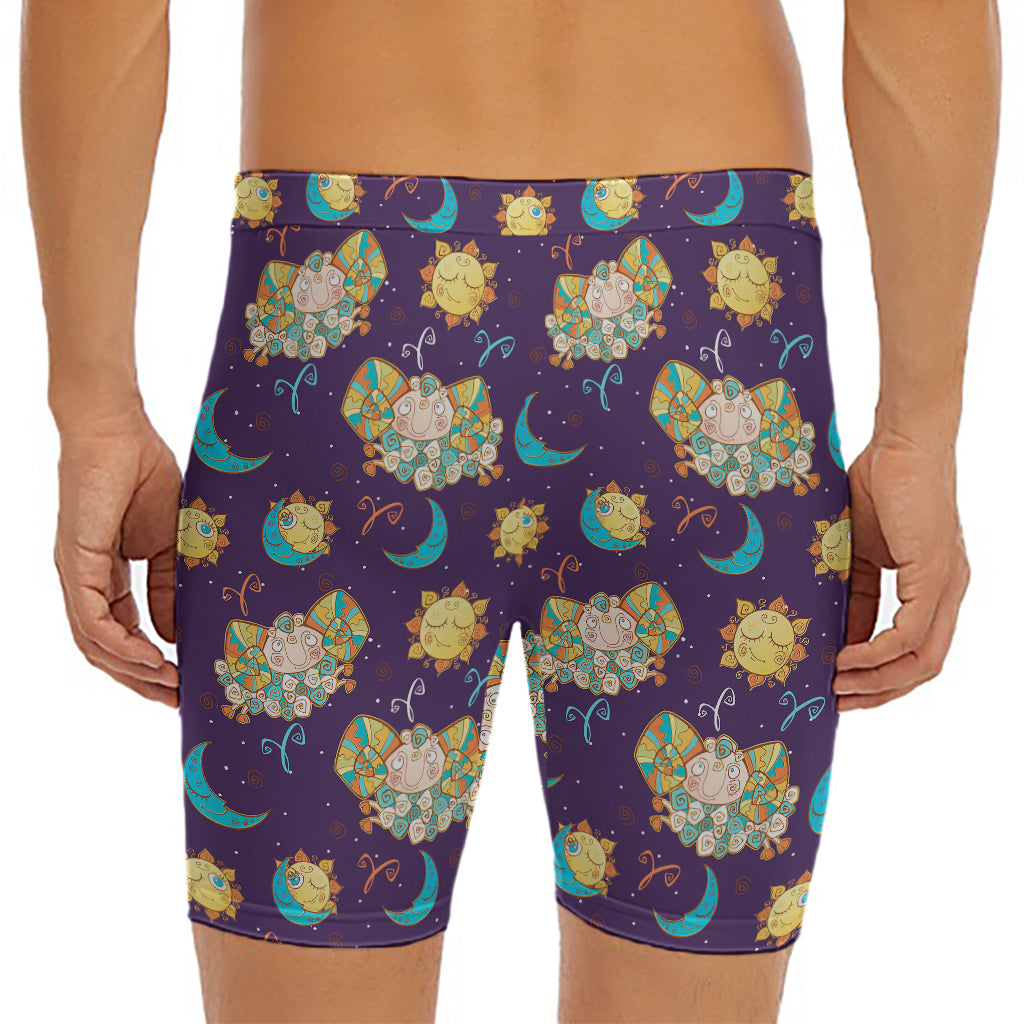 Cute Cartoon Aries Pattern Print Men's Long Boxer Briefs