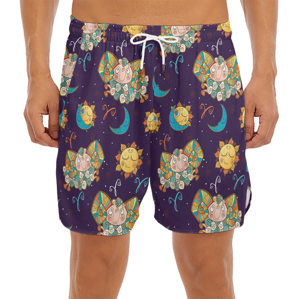 Cute Cartoon Aries Pattern Print Men's Split Running Shorts