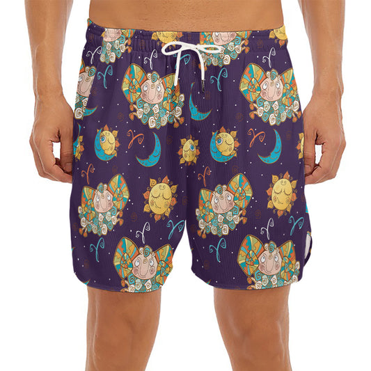 Cute Cartoon Aries Pattern Print Men's Split Running Shorts