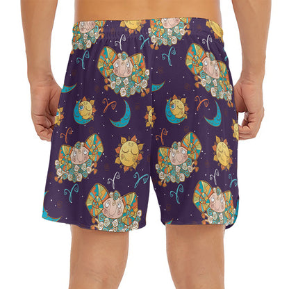 Cute Cartoon Aries Pattern Print Men's Split Running Shorts