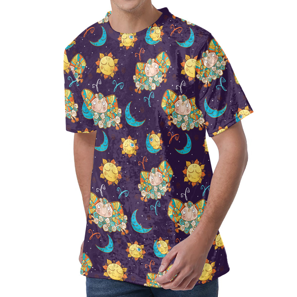 Cute Cartoon Aries Pattern Print Men's Velvet T-Shirt