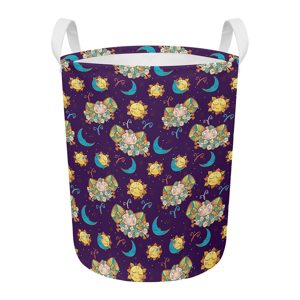 Cute Cartoon Aries Pattern Print Round Laundry Basket