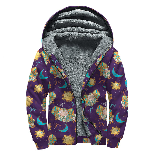 Cute Cartoon Aries Pattern Print Sherpa Lined Zip Up Hoodie