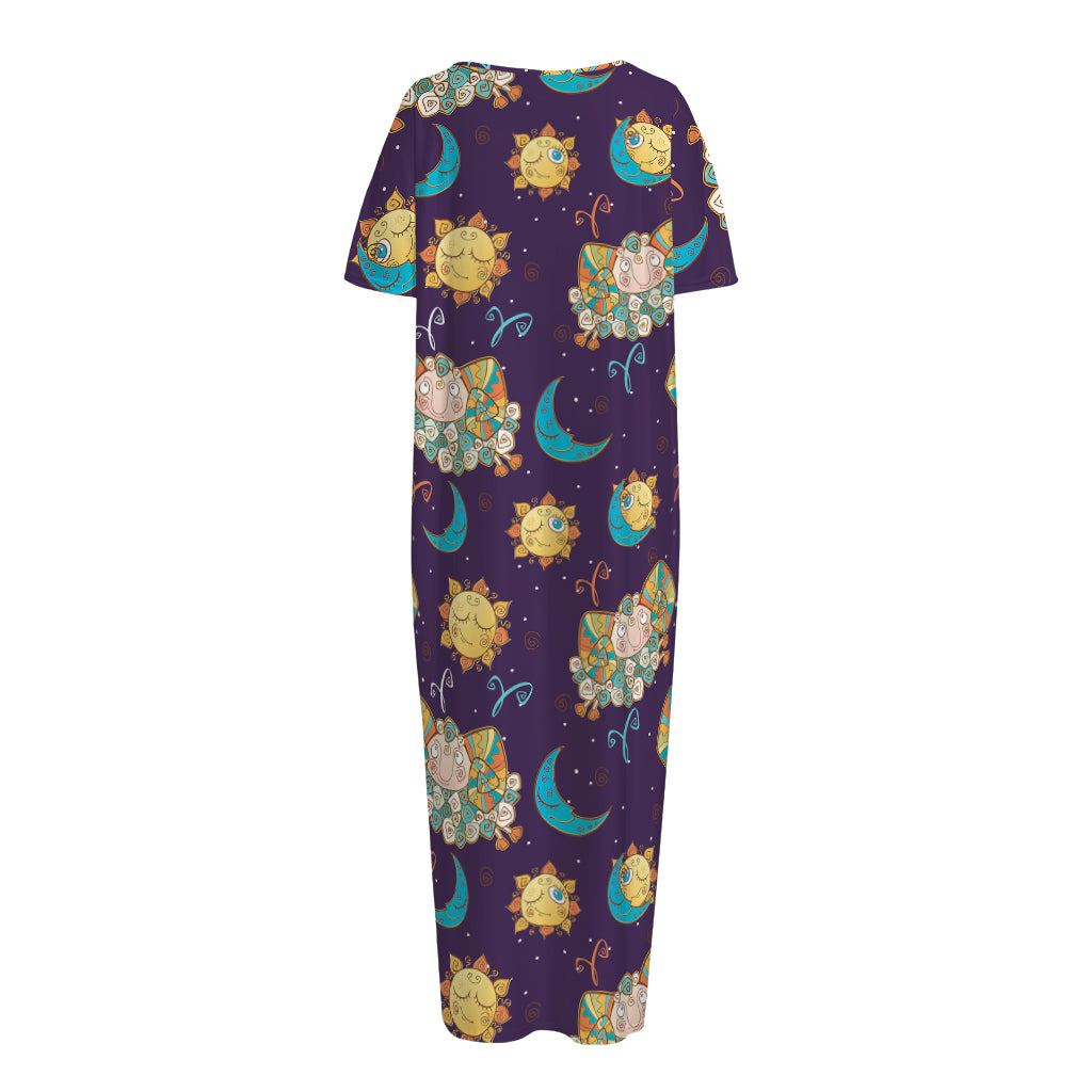 Cute Cartoon Aries Pattern Print Short Sleeve Long Nightdress