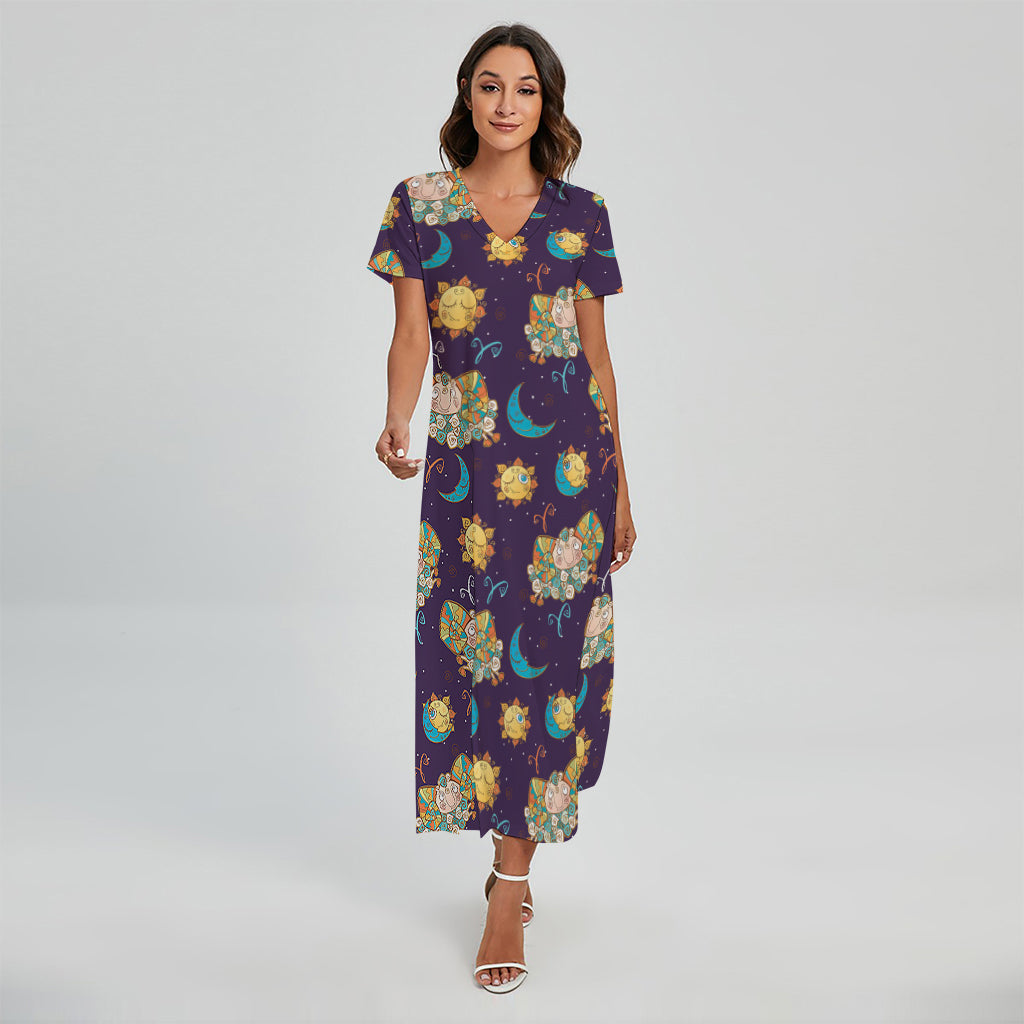 Cute Cartoon Aries Pattern Print Short Sleeve Maxi Dress