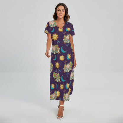 Cute Cartoon Aries Pattern Print Short Sleeve Maxi Dress