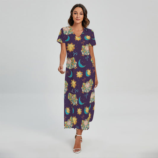 Cute Cartoon Aries Pattern Print Short Sleeve Maxi Dress