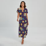 Cute Cartoon Aries Pattern Print Short Sleeve Maxi Dress