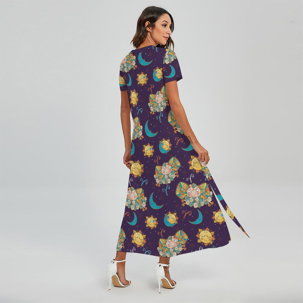 Cute Cartoon Aries Pattern Print Short Sleeve Maxi Dress
