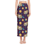 Cute Cartoon Aries Pattern Print Side Slit Maxi Skirt