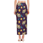 Cute Cartoon Aries Pattern Print Side Slit Maxi Skirt