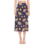 Cute Cartoon Aries Pattern Print Side Slit Midi Skirt