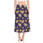 Cute Cartoon Aries Pattern Print Side Slit Midi Skirt