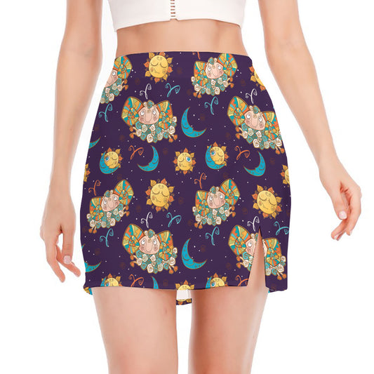 Cute Cartoon Aries Pattern Print Side Slit Mini Skirt