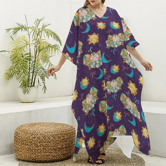 Cute Cartoon Aries Pattern Print Silk V-Neck Kaftan Dress
