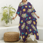 Cute Cartoon Aries Pattern Print Silk V-Neck Kaftan Dress